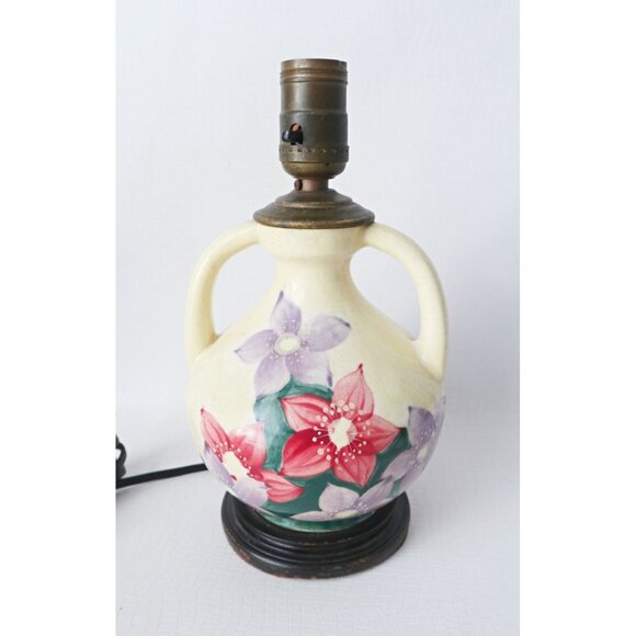 Vintage Hand-Painted Floral Ceramic Lamp With Dual Handles Cottage Core - Picture 1 of 10
